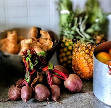Raw natural ingredients for cold pressing by The Raw Root Co. Turmeric,Ginger,Apple,Beetroot and Pineapple