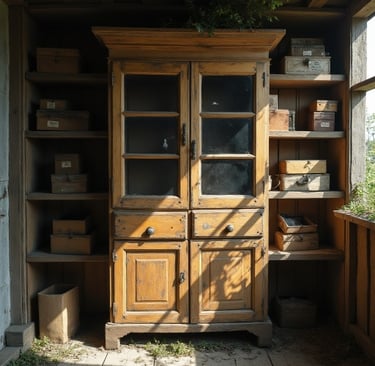 une vieille armoire un peu décrépie, il manque un peu de peinture à certains endroit.