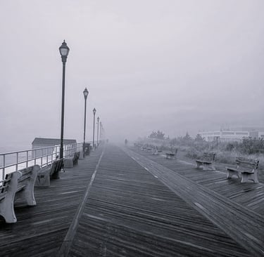 Boardwalk on a cold, misty might