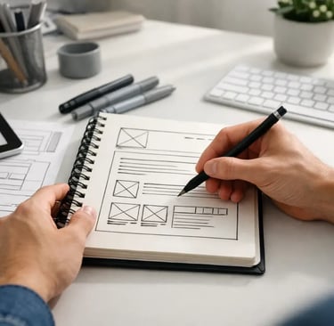 web designer sketching a website wireframe layout while planning a new website