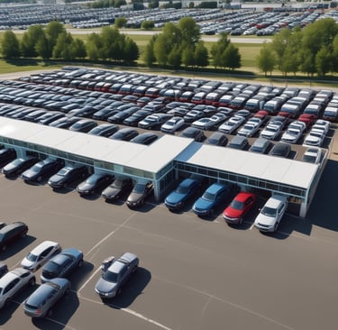 A modern black SUV is parked on a paved area in front of a red advertisement banner. Nearby, there are other cars in white and blue. The setting appears to be an open-air dealership or showroom with a partially visible green canopy in the background.