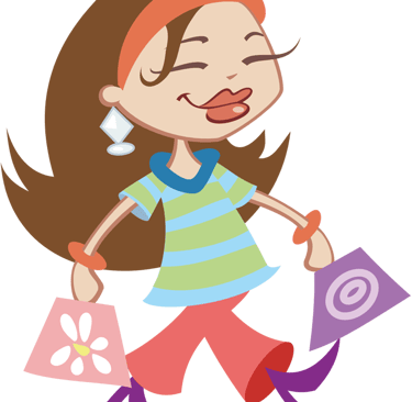 a cartoon girl with a shopping bag and a phone