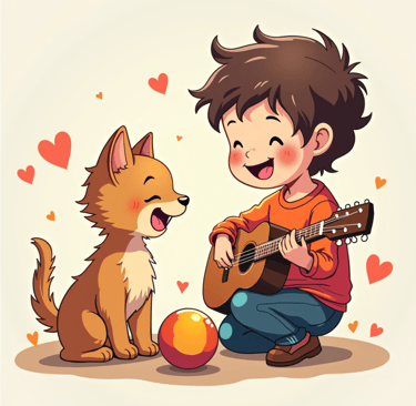 a boy playing guitar and a dog