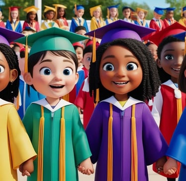 a group of cartoon characters in graduation gowns