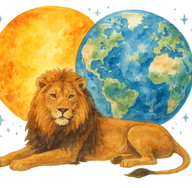 watercolor image of the sun next to the earth but slightly overlapping with stars around them and a 