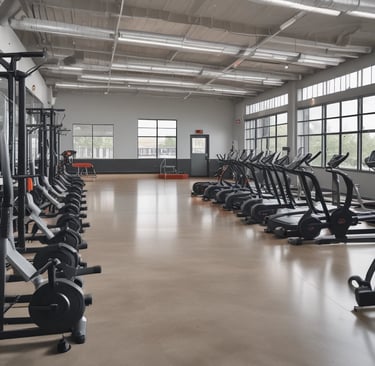 A modern gym interior with various exercise machines neatly arranged on a wooden floor. The walls are lined with motivational posters and parts are adorned with artificial greenery. Ceiling lights illuminate the space, highlighting the sleek and organized look of the equipment.