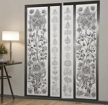 A cozy interior space features a variety of woven baskets hanging on a beige wall. The room includes a wooden pallet table with various decorative items such as textiles and ceramics. A small plant with green leaves is placed on the floor. Soft lighting and earthy tones create a warm and inviting atmosphere.