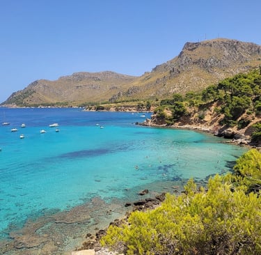 Vista de Cala Na Clara con aguas turquesas y barcos fondeados – excursión en barco desde Alcudia