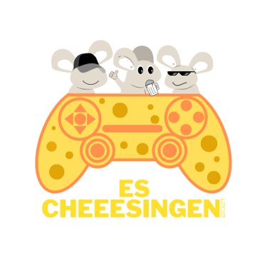 Logo von ES CHEEESSINGEN, Gaming-Community mit Käse-Controller und drei Cartoon-Mäusen