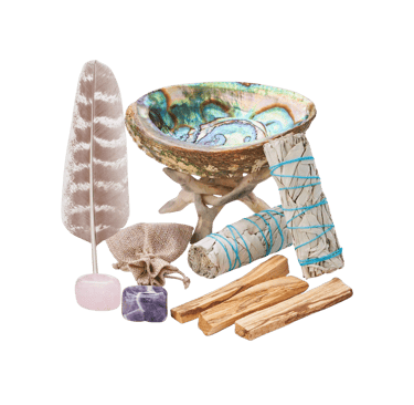 Home Cleansing & Smudging Kit with White Sage, Palo Santo, Abalone & Stand, Smudge Feather & Guide -