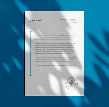 a letterhead with a blue background and a white background