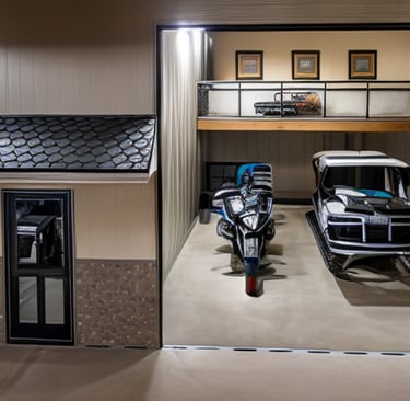 Rendering of side of Diamond Garage Condos with boats and toys inside