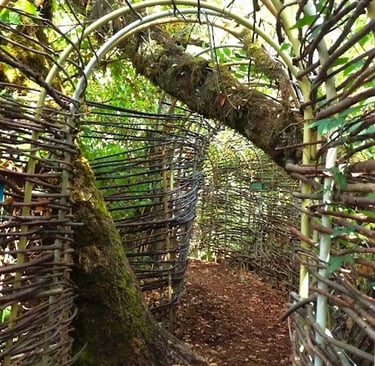 Eugene, OR - An arch tunnel made of wood on the trail at Mount Pisgah Arboretum