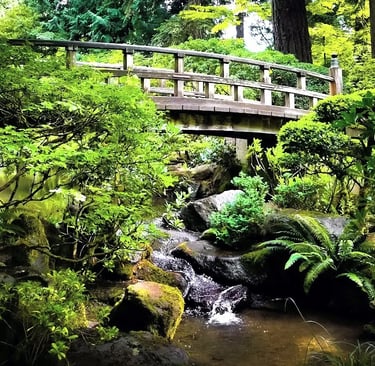 Portland, OR - The Japanese Garden's footbridge and gentle flowing creek are soothing