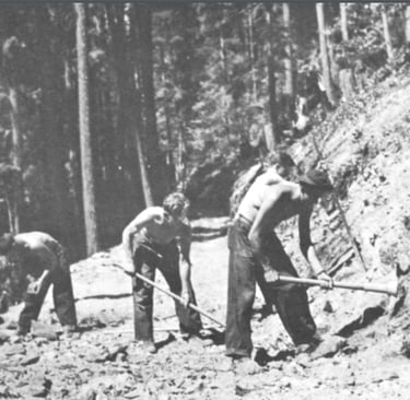 Snoqualmie, WA - The first dirt Wagon Road, black/white photo of construction workers 1867