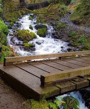 Columbia River Gorge Oregon - cross a footbridge over the creek to Wahkeena Falls viewpoint