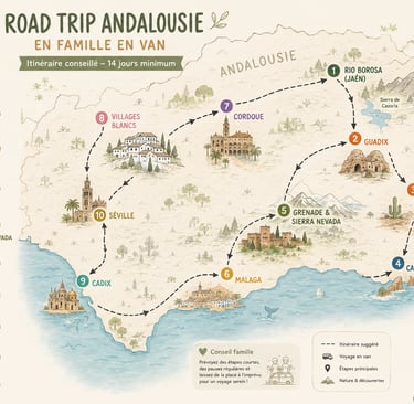 llustrated map of a family van road trip itinerary through Andalusia, Spain, featuring ten scenic stops.