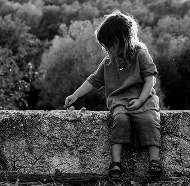 a little boy sitting on a stone wall, looking a snail