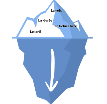 Schéma de l’iceberg illustrant ce que comprend réellement un tarif de voix-off professionnelle
