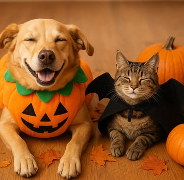 Dog and cat in safe Halloween costumes at home in Burlington.