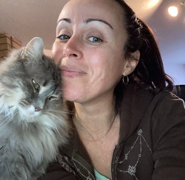 A gray and white cat snuggling with a woman