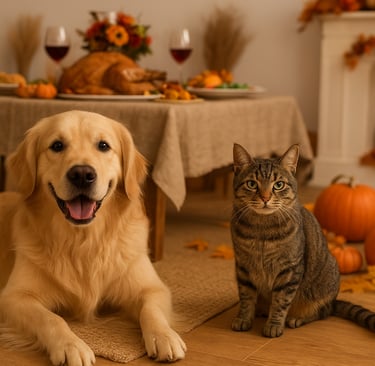 dog with autumn leaves Thanksgiving pet safety Burlington Happy Paws Burlington