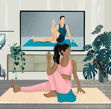 Woman practicing online yoga from home in dubai ksa uae