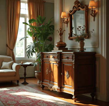Elegant antique sideboard with ornate details in a classic living room setting, featuring warm lighting, vintage decor, and a
