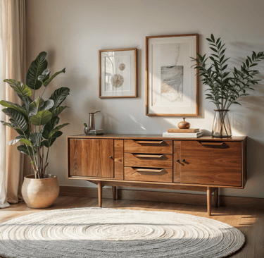 Mid-century modern wooden sideboard in a bright, minimalist living space, accented with green plants, framed artwork, and sof
