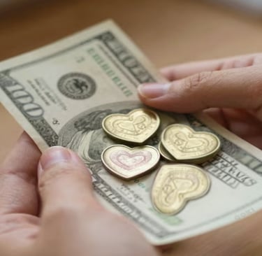 One hundred dollar bill with heart shaped coins