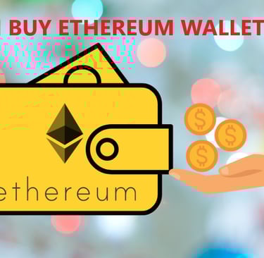 Image of a sleek Ethereum wallet icon surrounded by digital graphics, with text overlay saying 'Sell