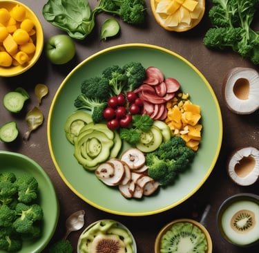 A plate filled with grilled fish, rice, and a fresh salad composed of greens, tomatoes, and spiralized vegetables. A small container of dressing is on the side. Next to the plate, there is a bottle of sparkling water being held by a hand with blue-painted nails. A drink with cucumber slices arranged on top sits nearby, accompanied by a bowl of seasoned shrimp.