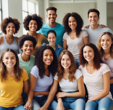 a group of people standing in front of a purple wall