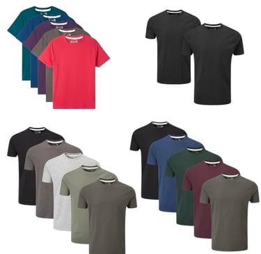 Multiple sets of mens cotton crew neck t-shirts in various colors including black, grey, red, and blue.
