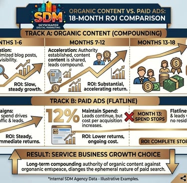 Content marketing ROI compounding over time versus paid advertising results for service businesses.