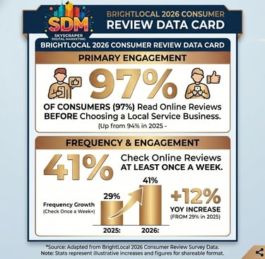 BrightLocal 2026 consumer review statistics showing 97% of consumers read reviews before choosing a
