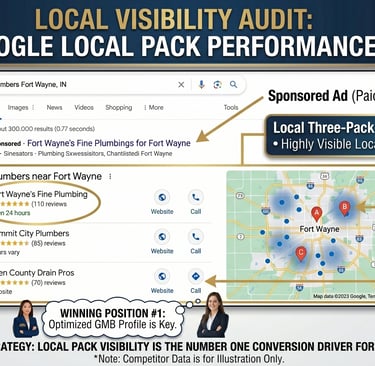 Google Local Pack results for Fort Wayne service business search showing the three-pack positions.