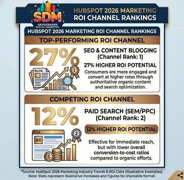 HubSpot 2026 marketing ROI data showing content and SEO outperforming paid search for service busine