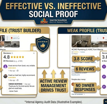 "Google Business Profile review comparison showing strong vs weak social proof for local service bus