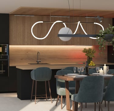A contemporary kitchen featuring a dining table surrounded by stylish chairs, showcasing a sleek and