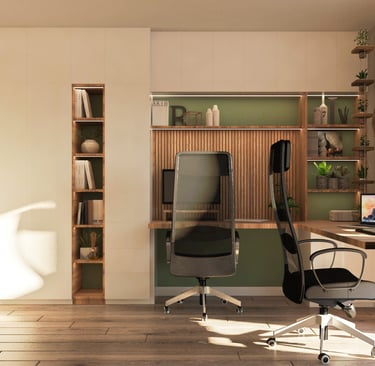 A cozy home office setup showcasing a desk and chair, ideal for focused work and creativity.