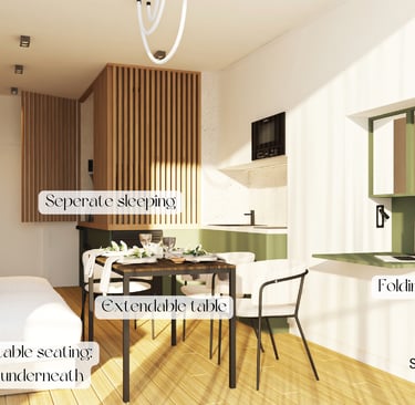 A small apartment design that includes a bed, kitchen, and stairs, emphasizing functionality in limi