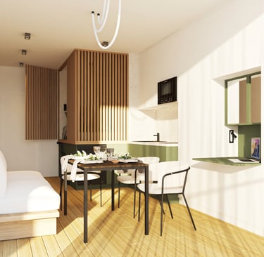 A small apartment design that includes a bed, kitchen, and stairs, emphasizing functionality in limi