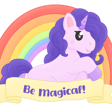 Lavender colour Unicorn with a purple mane, behind them is a rainbow and bellow is a banner