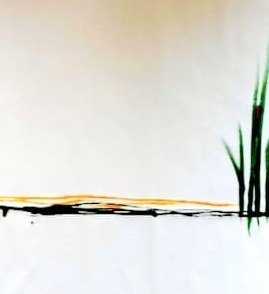 Détail du point rouge sur la troisième toile abstraite de Jacqueline Poitevin, acrylique 80x190