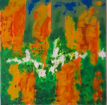 Peinture abstraite acrylique, composition dense mêlant formes urbaines et végétales.