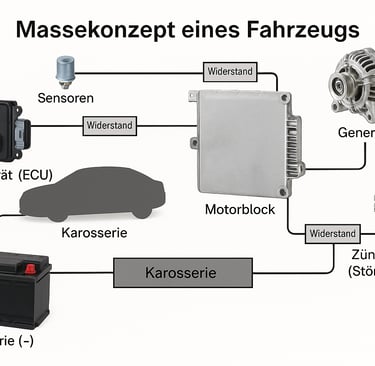 Das Bild stellt die Masseführung in einem typischen Fahrzeug dar. Wichtig: Es geht nicht um Plusleitungen, sondern um die Rüc