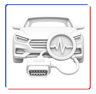 White 3D car diagnostic icon featuring an OBD2 scanner plug and a heartbeat monitor symbol for vehicle health check.
