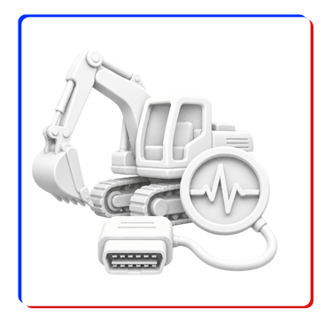 White 3D model of an excavator with a diagnostic OBD scanner tool for construction equipment maintenance.