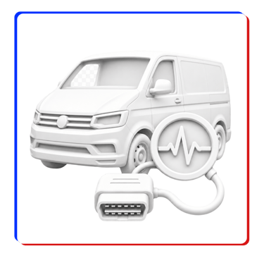 White 3D render of a delivery van with an OBD2 scanner and diagnostic heartbeat icon for vehicle health monitoring.